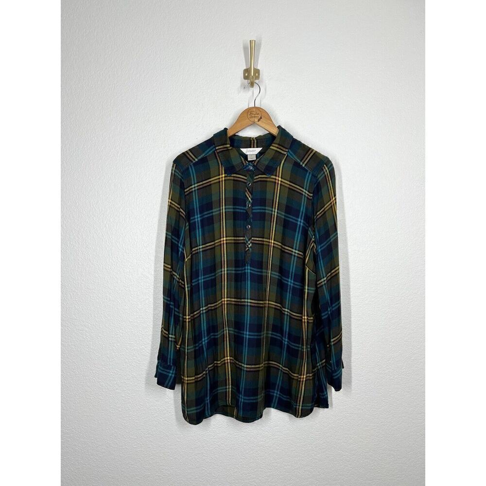CJ Banks Plaid Tunic Top Size 2X 1/4 Snap Neck Navy Green Yellow